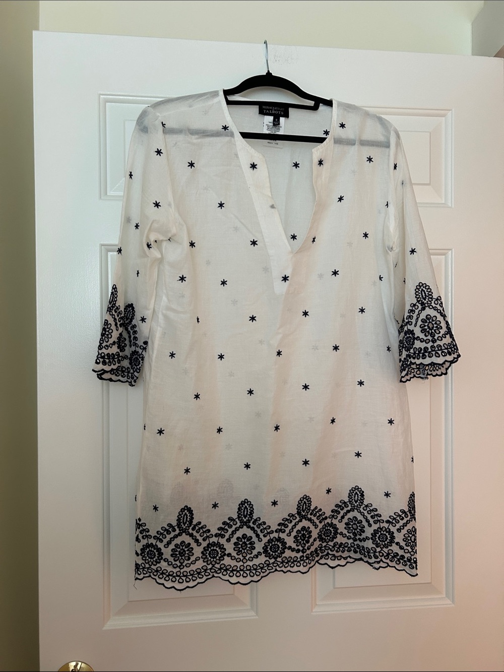 White Embroidered Swim Coverup Tunic with Navy Stitching